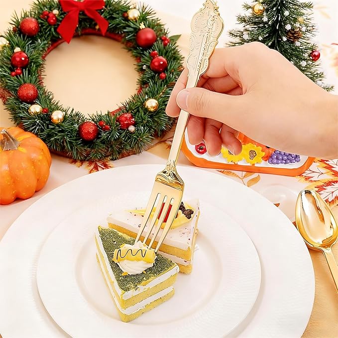 Liacere 400PCS Gold Plastic Silverware - Pre Rolled Napkins Disposable Gold Plastic Cutlery-Premium Quality Utensils-Includes 100Forks,100Knives,100Spoons,100 Napkins & Christmas & New Year