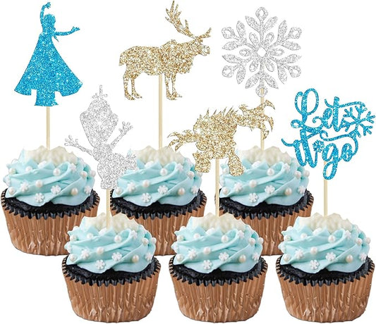 24Pcs Snowflake Cupcake Toppers Glitter Winter Frozen Theme Snowflake Deer Princess Cupcake Pick Decorations for Winter Wonderland Baby Shower Birthday Xmas Party Supplies