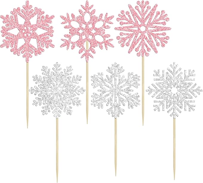 36Pcs Snowflake Cupcake Toppers Glitter Winter Theme Snowflake Cupcake Picks Merry Christmas Happy New Year Christmas Cake Decor Birthday Party Cake Decorations Supplies Pink Silver