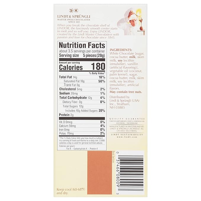 Lindt LINDOR White Chocolate Truffle Bar, White Chocolate Candy with Smooth, Melting Truffle Center, 3.5 oz. Bar (12 Pack)