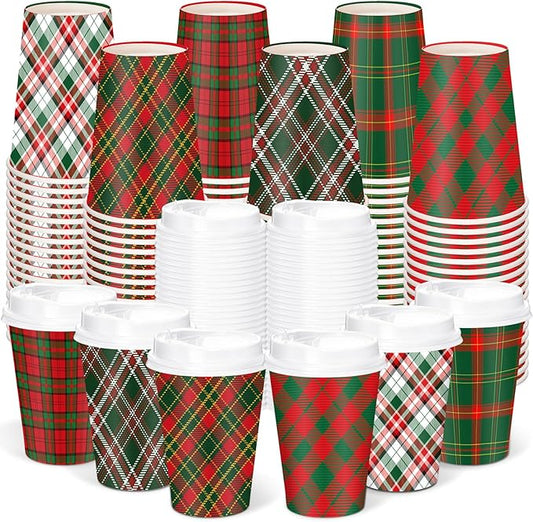 Yungyan 60 Sets Christmas Disposable Coffee Cups with Lids 12 oz Buffalo Plaid Paper Cups Xmas Hot Cocoa To-go Coffee Mug for Hot Cold Drinks Chocolate Tea Beverage Christmas Party Supplies