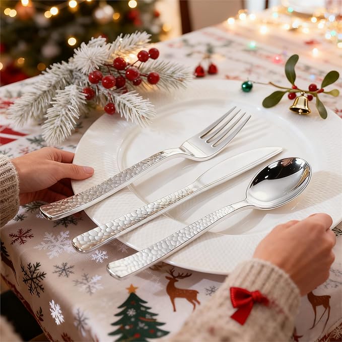 WELLIFE 400PCS Silver Plastic Silverware, Pre Rolled Silverware Set Disposable,Plastic Cutlery Includes: 100 Forks, 100 Knives, 100 Spoons, 100 Napkins, Cutlery Set Disposable for Christmas
