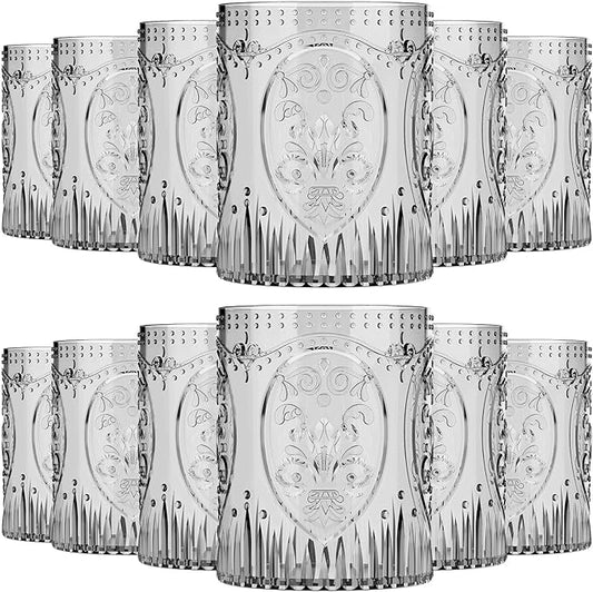 12 Plastic Vintage Drinking Glasses 8.5oz Stemless Retro Embossed Wine Glasses Shatterproof Reusable Cups for Baby Shower Wedding Reception Grand Event Party (Black)
