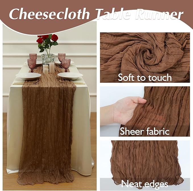1 Pack Cheesecloth Table Runner Rustic Sheer Boho Gauze 35 x 120 Inch Centerpiece Cheese Cloth for Bridal Baby Shower Summer Spring Decorations Brown