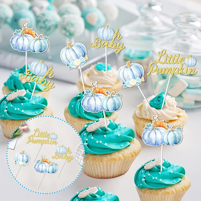 Little Pumpkin Cupcake Toppers, 24 Pcs Pumpkin Cupcake Picks Little Pumpkin Baby Shower Decorations Little Pumpkin Baby Shower Party Supplies