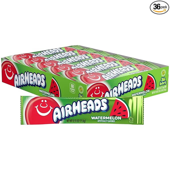 Airheads Full-Size Candy Bars, Taffy Candy Bulk Pack, Individually Wrapped, Watermelon Fruit Flavor Artificially Flavored, 36 Count Box