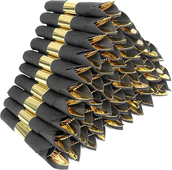 100 Pack Pre Rolled Gold Plastic Silverware Set,Wrapped Plastic Cutlery Set with Napkin Include 100 Forks,100 Spoons,100 Knives and 100 Black Napkins for Party, Wedding,Christmas