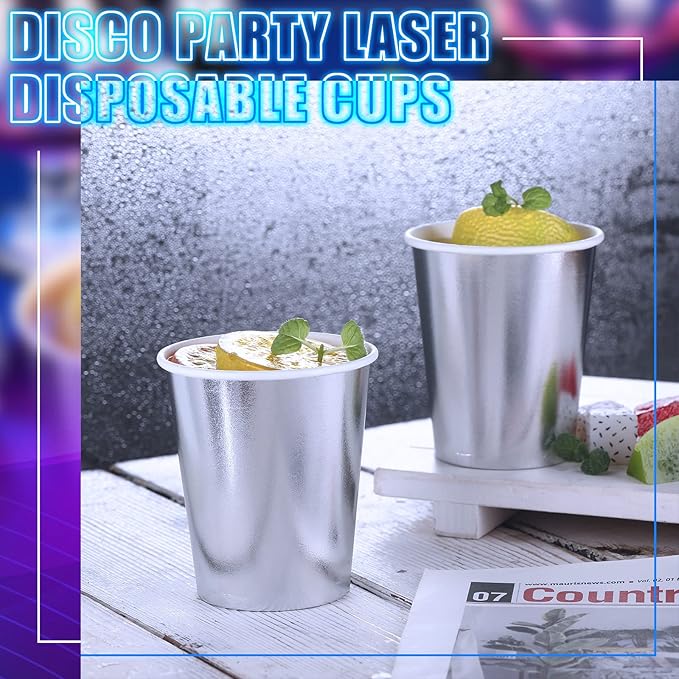 Amyhill 100 Pcs Disposable Silver Drinking Party Paper Cups 9 oz Iridescent Disco Lasering Cups for Hot Cold Drink Tea Coffee Cocktail for Home, Restaurant, Store and Cafe Party Supplies
