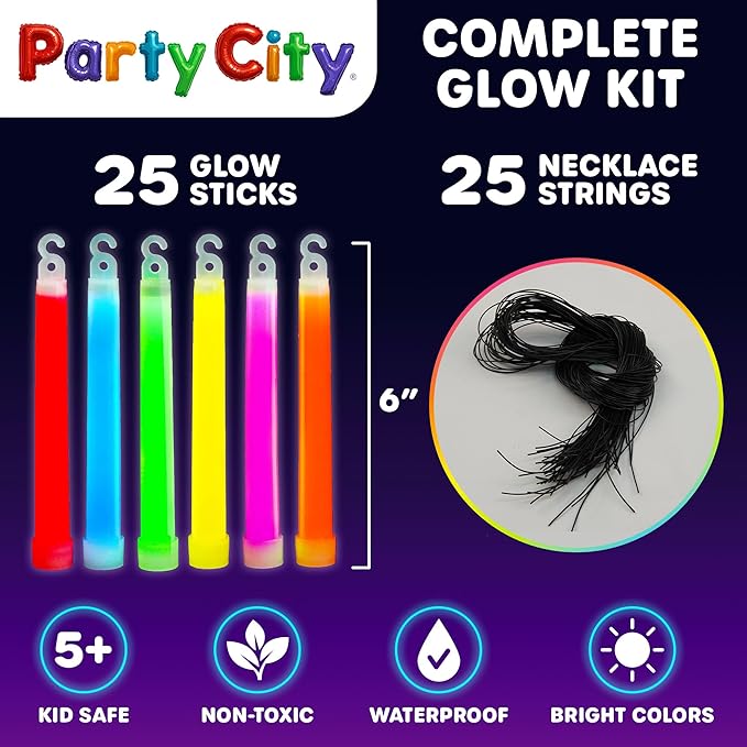 Party City Multicolor Glow Sticks Bulk Pack 6”- 25pk Glow in the Dark Sticks for Kids, Waterproof Camping Survival Ultra Bright Emergency Light Stick with String, Neon Glowsticks Party Supplies Favors