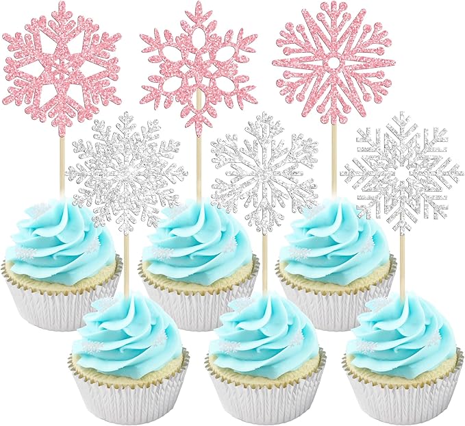36Pcs Snowflake Cupcake Toppers Glitter Winter Theme Snowflake Cupcake Picks Merry Christmas Happy New Year Christmas Cake Decor Birthday Party Cake Decorations Supplies Pink Silver