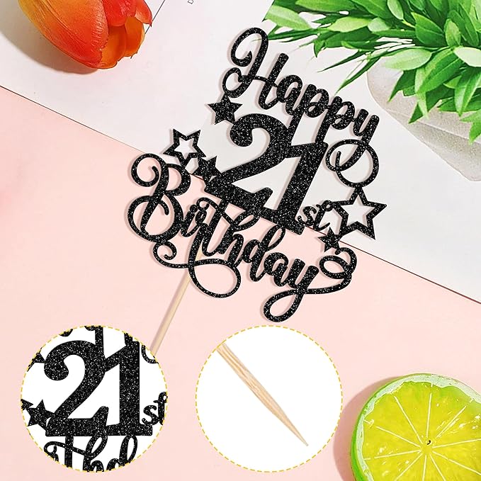 1 PCS Happy 21st Birthday Cake Topper Glitter Cheers to 21 Years Birthday Cake Pick Hello 21 Fabulous Cake Decoration for Happy 21st Birthday Anniversary Party Decorations Supplies Black