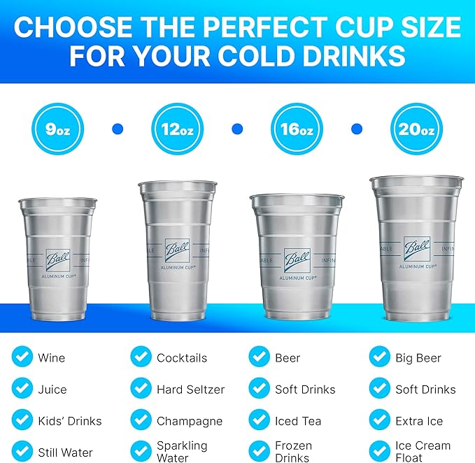Top Cup by Ball Aluminum Cups, 12 oz Reusable Party Cups, Cold-Holding, Recyclable, 12 oz Cup, 50 Cups Per Pack, Made in USA