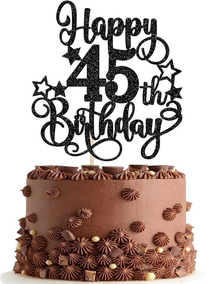 1 PCS Happy 45th Birthday Cake Topper Glitter Cheers to 45 Years Birthday Cake Pick Hello 45 Fabulous Cake Decoration for Happy 45th Birthday Anniversary Party Decorations Supplies Black