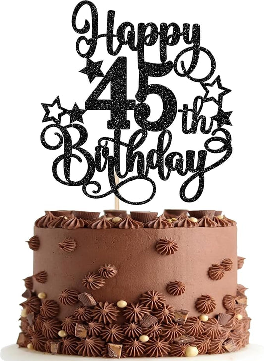 1 PCS Happy 45th Birthday Cake Topper Glitter Cheers to 45 Years Birthday Cake Pick Hello 45 Fabulous Cake Decoration for Happy 45th Birthday Anniversary Party Decorations Supplies Black