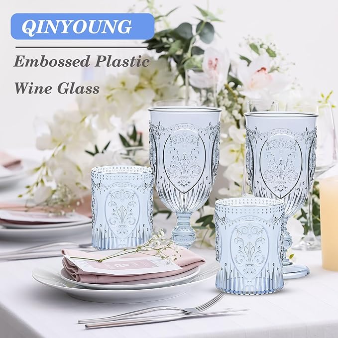 24 Plastic Vintage Drinking Glasses 8.5oz Stemless Retro Embossed Wine Glasses Shatterproof Reusable Cups for Baby Shower Wedding Reception Grand Event Party (Blue)