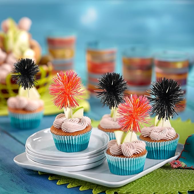 Gyufise 30Pcs Foil Firework Cupcake Toppers Sparkle Tinsel Cake Toppers Tinsel Drink Cake Decoration Cocktail Picks for Birthday Wedding Graduation Party Supplies Black Orange