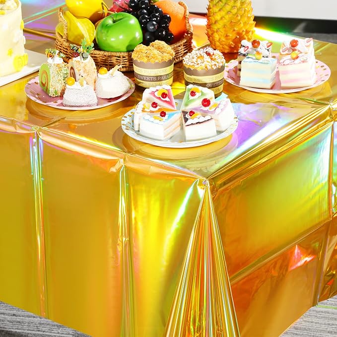 1 Pack Gold Iridescent Plastic Tablecloths Shiny Disposable Laser Rectangle Table Covers Holographic Foil Tablecloth Iridescent Party Decorations Birthday Bridal Wedding Christmas, 54 x 108 Inch