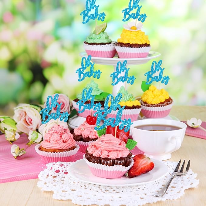 24Pcs Oh Baby Cupcake Toppers Glitter Baby Shower Cupcake Picks Gender Reveal Theme Cake Decorations for Baby Shower Kids Boys Girls Birthday Party Supplies Blue