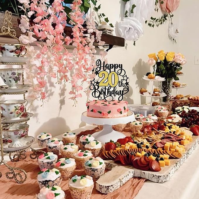 1 PCS Happy 20th Birthday Cake Topper Black Gold Glitter Cheers to 20 Years Birthday Cake Pick Hello 20 Fabulous Cake Decoration for Happy 20th Birthday Anniversary Party Decorations Supplies