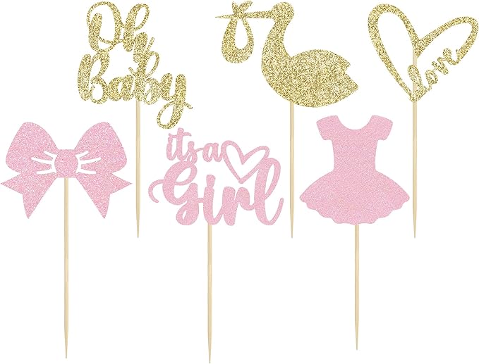 Gyufise 36 Pack Oh Baby Cupcake Toppers It's a Girl Cupcake Toppers with Bow Dress Love Heart Glitter Cake Picks Decorations for Baby Shower Girl Birthday Party Supplies