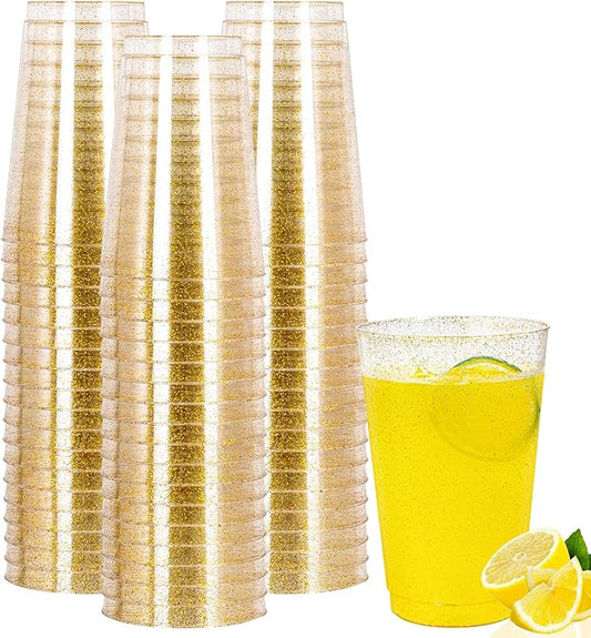 I00000 50 Pack 24 oz Gold Plastic Cups, Gold Glitter Cups Disposable Plastic Wine Glasses Cocktail Glasses Premium Cup, 24 Ounce Glitter Disposable Tumblers for Party & Wedding