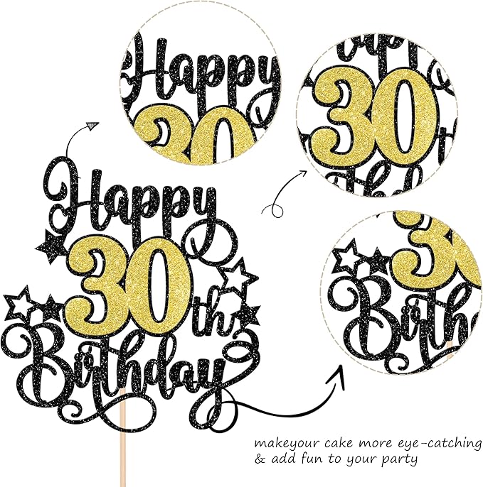 1 PCS Happy 30th Birthday Cake Topper Black Gold Glitter Cheers to 30 Years Birthday Cake Pick Hello 30 Fabulous Cake Decoration for Happy 30th Birthday Anniversary Party Decorations Supplies