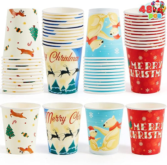 JOYIN Christmas 48 Pcs Paper Cup with Holiday Design, 9 oz Xmas Disposable Dinnerware Cups Party Supplies for Hot and Cold Beverages