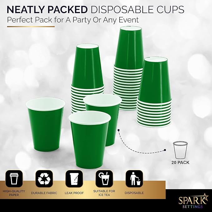 Disposable Paper Cups, 8 oz. Green Paper Coffee Cups, Strong and Sturdy Coffee Disposable Cups for Party, Wedding, Thanksgiving Day, Christmas, Halloween Hot Cups, Pack of 20