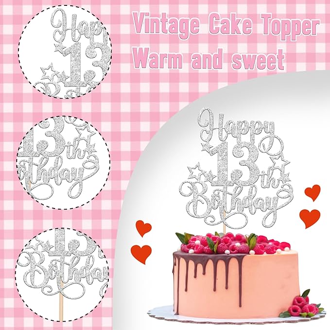 1 PCS Happy 13th Birthday Cake Topper Glitter Cheers to 13 Years Birthday Cake Pick Hello 13 Fabulous Cake Decoration for Happy 13th Birthday Anniversary Party Decorations Supplies silver
