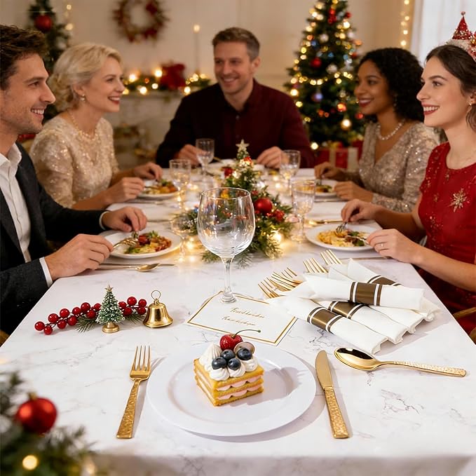 WELLIFE 400PCS Gold Plastic Silverware, Pre Rolled Silverware Set Disposable,Plastic Cutlery Includes: 100 Forks, 100 Knives, 100 Spoons, 100 Napkins, Cutlery Set Disposable for Christmas