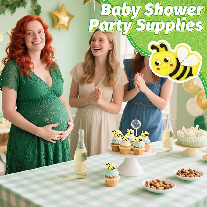 24 PCS Bee Cupcake Toppers Cupcake Rings Birthday Cupcake Toppers Bee Cupcake Picks Cake Decorations Supplies for Bee Theme Baby Shower Party