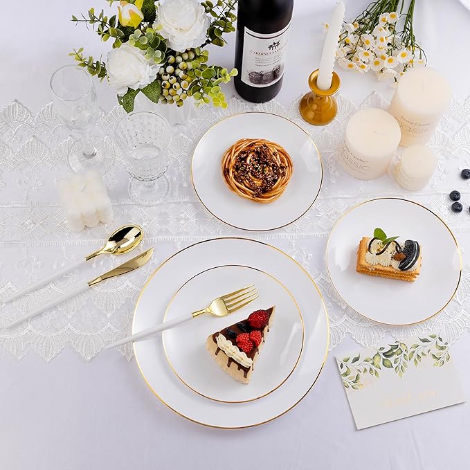 150 PCS White Gold Plastic Utensils for 50 Guests, Gold Disposable Silverware with 50 Knives, 50 Spoons and 50 Forks, BPA Free, Ideal for Weddings, Birthdays & Graduation