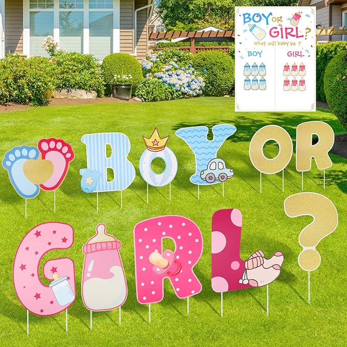 11 Pcs Gender Reveal Yard Sign Set with Stakes - Baby Shower Yard Signs for Newborn, Boy or Girl Gender Reveal Party, Lawn, Patio, Garden, or Outdoor Displays