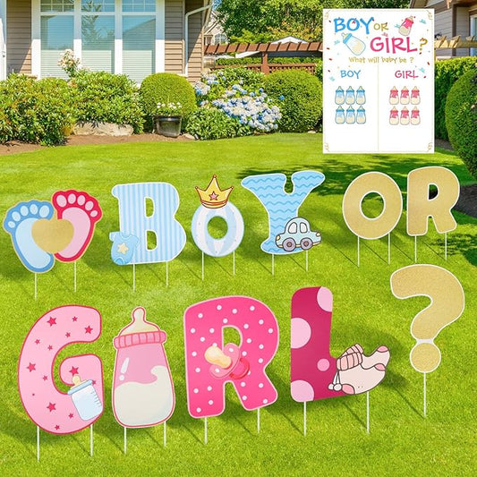11 Pcs Gender Reveal Yard Sign Set with Stakes - Baby Shower Yard Signs for Newborn, Boy or Girl Gender Reveal Party, Lawn, Patio, Garden, or Outdoor Displays