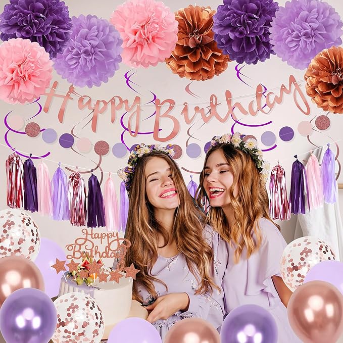 Upgraded Rose Gold Purple Birthday Party Decorations Kit with Happy Birthday Banner,Swirls Garlands,Tissue Paper Pompoms,Circle Dots Garland,Tassel Garland,DIY Cake Topper