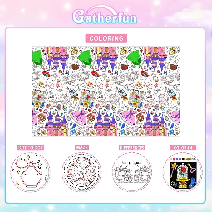 Gatherfun Princess Party Supplies Color-in Disposable Paper Tablecloth | 54x88 in Princess Party Decorations Set for Kids Birthday, School & Special Events