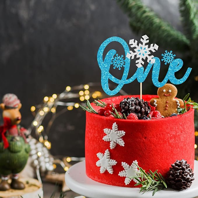 1 Pack Snowflake One Cake Topper Glitter Baby Shower Winter Snowflake First Birthday Cake Topper Decorations for Winter Frozen Theme Baby Shower 1st Birthday Party Supplies Blue