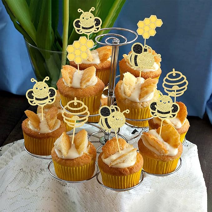 24Pcs Bumble Bee Cupcake Toppers Glitter Heart Honeycomb Bee Cupcake Picks BaBy Shower Cake Decorations for Bee Theme Baby Shower Kids Birthday Party Supplies