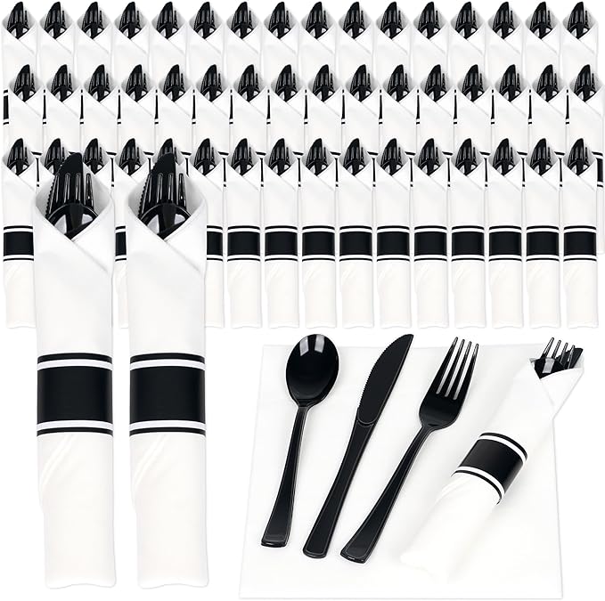 50 Pack Pre Rolled Black Plastic Silverware Set,Wrapped Plastic Cutlery Set with Napkin Include 50 Forks,50 Spoons,50 Knives and 50 White Napkins for Party,Wedding,Christmas