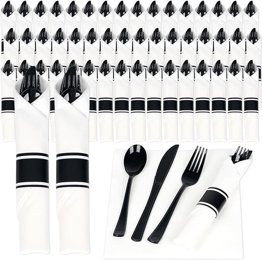 50 Pack Pre Rolled Black Plastic Silverware Set,Wrapped Plastic Cutlery Set with Napkin Include 50 Forks,50 Spoons,50 Knives and 50 White Napkins for Party,Wedding,Christmas