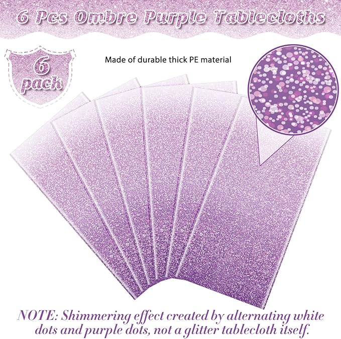 6 Pack Ombre Plastic Tablecloth for Parties, Gradient Pastel Purple Disposable Tablecloths for Rectangle Tables, Sprinkle Table Cover for Wedding Birthday Anniversary Party, 54 x 108Inch