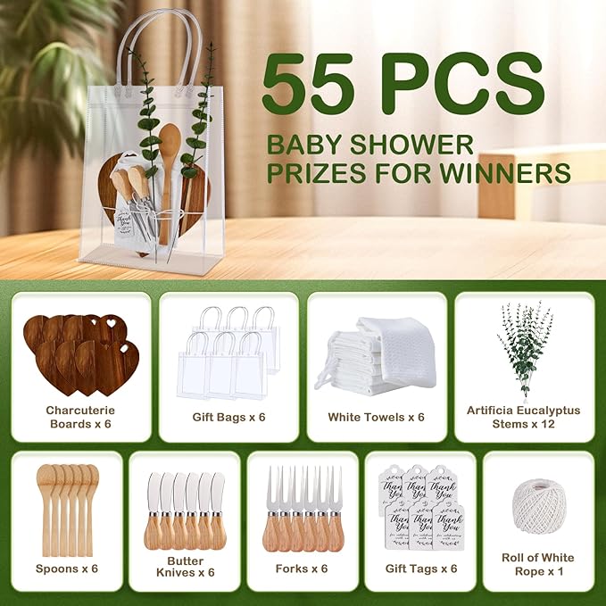 55Pcs Baby Shower Prizes for Game Winners 6 Sets Charcuterie Board with Spoons Butter Spreaders Forks Plaid Towel Thanks Card and Gift Bags for Bridal Shower Favors Party (Heart Shaped)