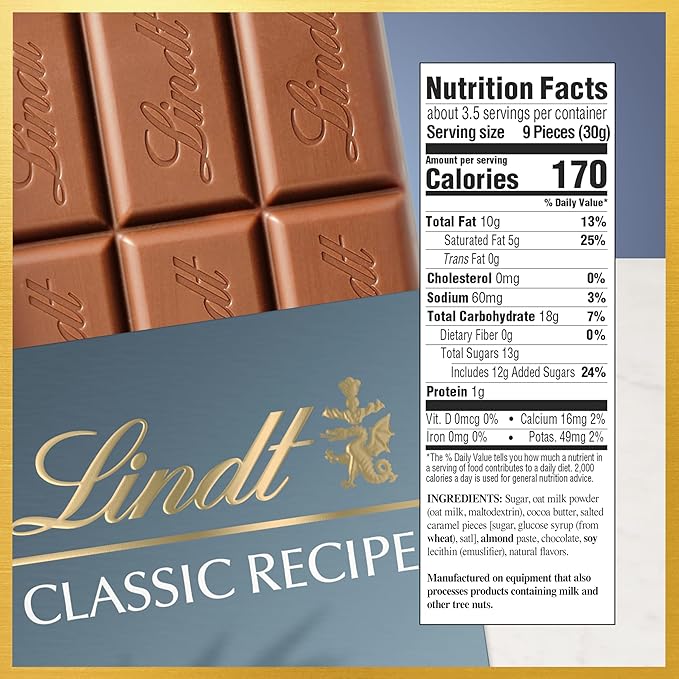 Lindt CLASSIC RECIPE Non-Dairy OatMilk Salted Caramel Chocolate Candy Bar, 10 Pack, 3.5 oz.