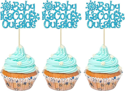 24Pcs Baby It's Cold Outside Snowflake Cupcake Toppers Glitter Winter Frozen Cupcake Picks for Winter Wonderland Baby Shower Birthday Party Cake Decorations Supplies Blue