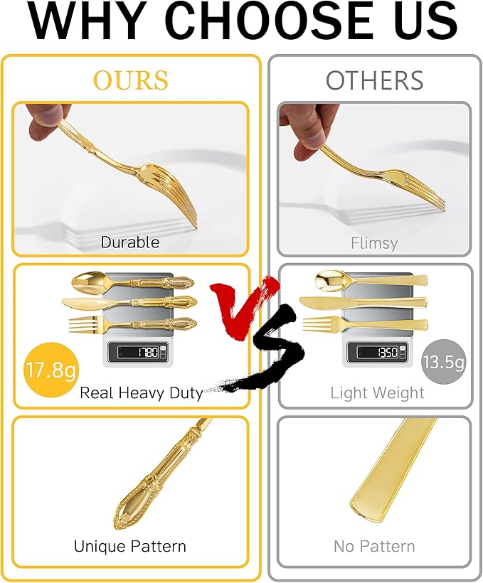 Nervure 90PCS Gold Plastic Silverware - Heavy Duty Disposable Cutlery Set, Luxury Gold Plastic Utensils include 30Pcs Forks, 30Pcs Spoons, 30pcs Knives. Perfect for Wedding,Party,Daily Use