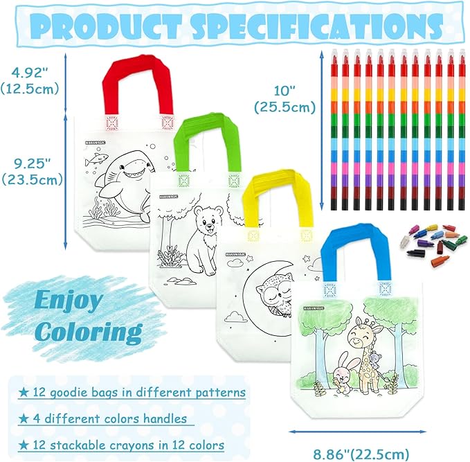 HahaMagic 12 Coloring Goodie Bags with 12 Crayons(12-in-1), Reusable Art Party Favors for Kids Classroom, Birthday Party, Craft Supplies, Mini Tote Bags and Goodie Bags Stuffers for Kids