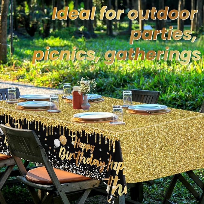 3 Pack Happy Birthday Tablecloths Black and Gold Tablecloth Plastic Table Cover Rectangular Birthday Table Cloth for Women Men Baby Shower Party Supplies