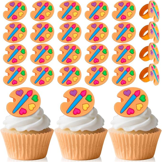 24 PCS Palette Cupcake Toppers Dessert Ring Cupcake Topper Art Paint Cake Toppers Painting Graffiti Art Party Favors Birthday Party Baby Shower Decor Supplies