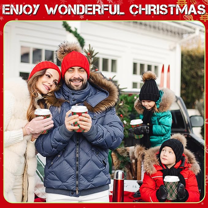 Yungyan 60 Sets Christmas Disposable Coffee Cups with Lids 12 oz Buffalo Plaid Paper Cups Xmas Hot Cocoa To-go Coffee Mug for Hot Cold Drinks Chocolate Tea Beverage Christmas Party Supplies