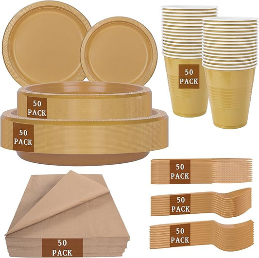 MirthMood 350PCS Gold Plastic Plates,Gold Disposable Plates –Plastic Plates Set Includes 50 Dinner,50 Dessert Plate,50 Cup&50 Napkins, 50 gold Silverware for Wedding& Parties& Birthday